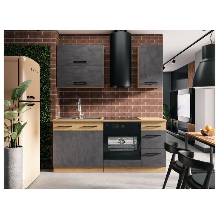 Cuisine complete ROCK L180 cm - 5 éléments + meuble four - Mélaminé décor chene lancelot et gris matera - Plan de travail n