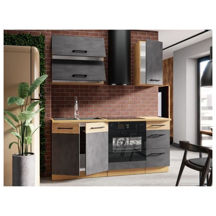 Cuisine complete ROCK L180 cm - 5 éléments + meuble four - Mélaminé décor chene lancelot et gris matera - Plan de travail n