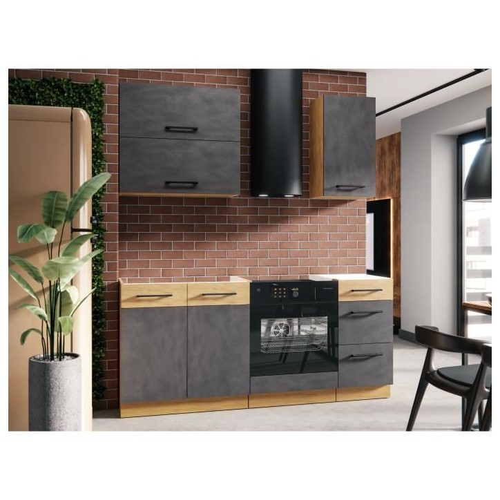 Cuisine complete ROCK L180 cm - 5 éléments + meuble four - Mélaminé décor chene lancelot et gris matera - Plan de travail n