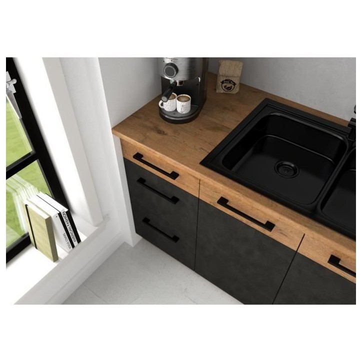 Cuisine complete ROCK L180 cm - 5 éléments + meuble four - Mélaminé décor chene lancelot et gris matera - Plan de travail n