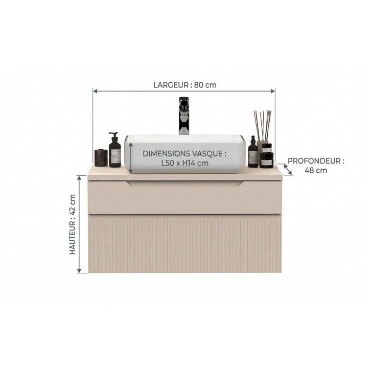 ROMA - Meuble de salle de bain suspendu avec vasque a poser - Cashmere - 2 tiroirs - 80 x 48 x 42 cm ROMA - Meuble de salle de bain suspendu avec vasque a poser - Cashmere - 2 tiroirs - 80 x 48 x 42 cm
