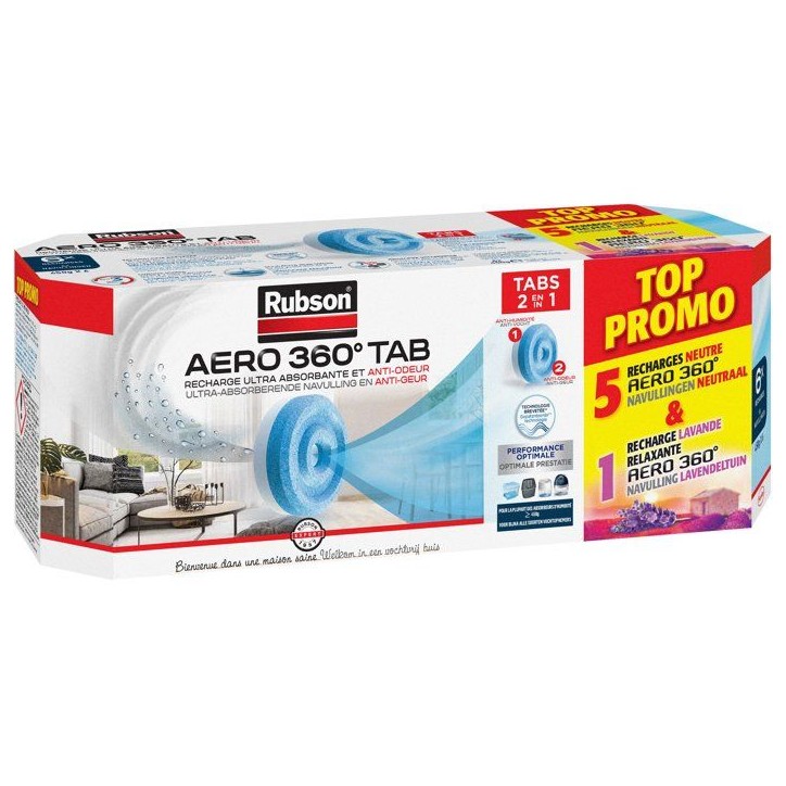 Lot de 6 recharges absorbeur d'humidité - RUBSON - TOP PROMO - 5 recharges Aero 360° Neutre + 1 recharge Aero 360° RELAX Lava Lot de 6 recharges absorbeur d'humidité - RUBSON - TOP PROMO - 5 recharges Aero 360° Neutre + 1 recharge Aero 360° RELAX Lava