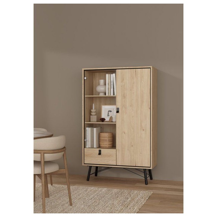 Vitrine RY - Chene Jackson Hickory - 2 portes dont 1 vitrée + 1 tiroir – 101,8 x 40,1 x 161,8 cm