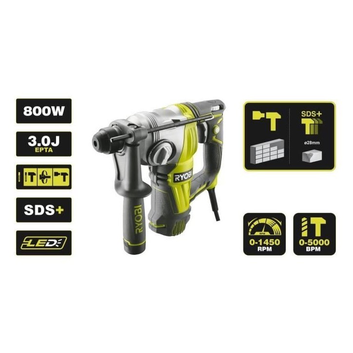 RYOBI - Perforateur burineur SDS+ 800 W 4 modes - 3,0 Joules Epta + coffret, butée, poignée 360° & foret SDS+ 6 mm - RSDS800- RYOBI - Perforateur burineur SDS+ 800 W 4 modes - 3,0 Joules Epta + coffret, butée, poignée 360° & foret SDS+ 6 mm - RSDS800-