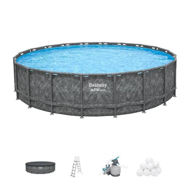 Kit piscine hors sol tubulaire BESTWAY - APX 365™ - 671 x 132 cm - Ronde (Filtre a sable, 500 g polysphere, échelle, bâche)