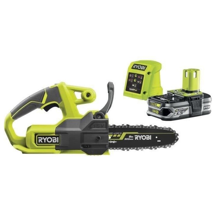 RYOBI - Tronçonneuse compacte 18V ONE+ - guide 20 cm - 4,6 m/s - tendeur latéral + batterie 2,5 Ah et chargeur 1,5 A - RY18CS2 RYOBI - Tronçonneuse compacte 18V ONE+ - guide 20 cm - 4,6 m/s - tendeur latéral + batterie 2,5 Ah et chargeur 1,5 A - RY18CS2