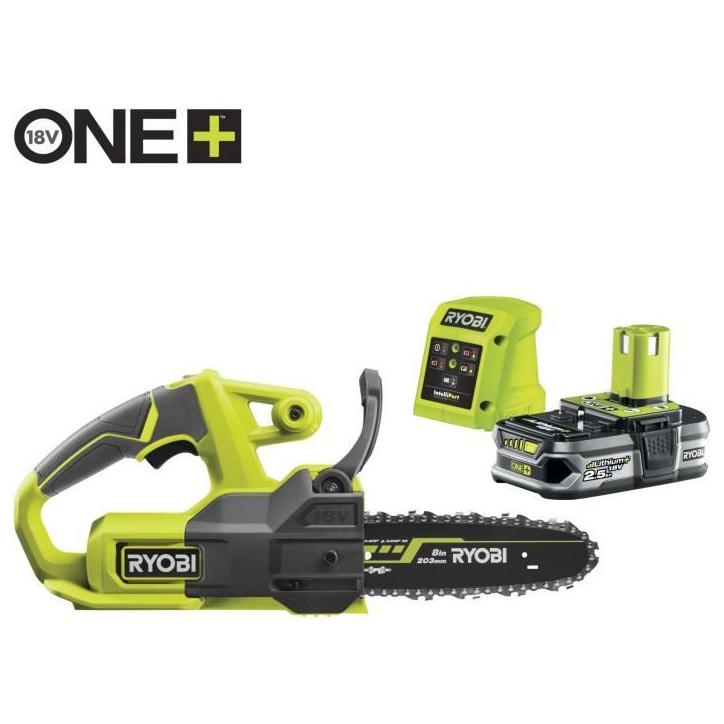 RYOBI - Tronçonneuse compacte 18V ONE+ - guide 20 cm - 4,6 m/s - tendeur latéral + batterie 2,5 Ah et chargeur 1,5 A - RY18CS2 RYOBI - Tronçonneuse compacte 18V ONE+ - guide 20 cm - 4,6 m/s - tendeur latéral + batterie 2,5 Ah et chargeur 1,5 A - RY18CS2