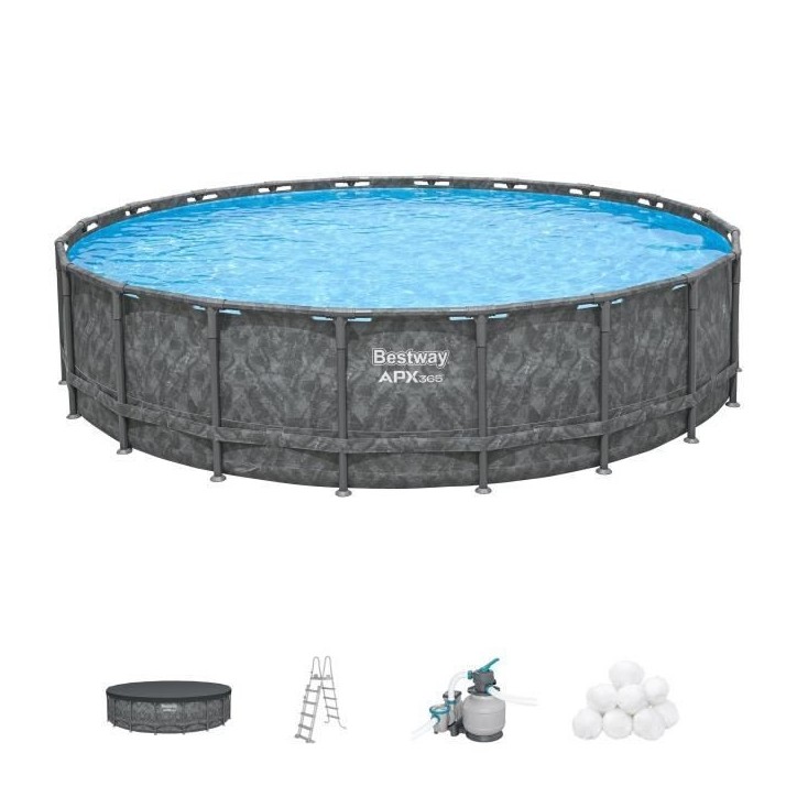Kit Piscine hors sol tubulaire BESTWAY - APX 365™ - 610 x 132 cm - Ronde (Filtre a sable, 500g polysphere, échelle, bâche) Kit Piscine hors sol tubulaire BESTWAY - APX 365™ - 610 x 132 cm - Ronde (Filtre a sable, 500g polysphere, échelle, bâche)