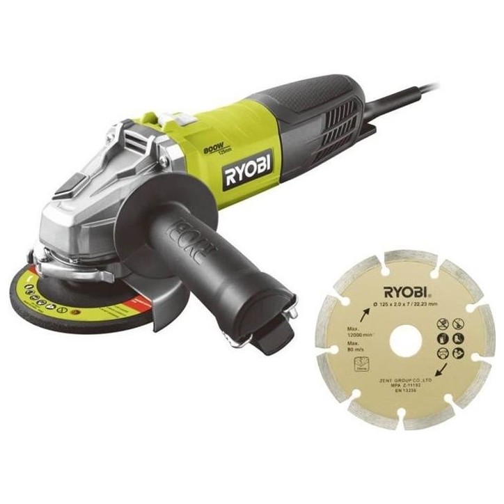 RYOBI - Meuleuse d'angle 800 W diam. 125 mm - 12 000 tr/min + sac, disque diamant 125 mm & clé de service - RAG800-125SD1 RYOBI - Meuleuse d'angle 800 W diam. 125 mm - 12 000 tr/min + sac, disque diamant 125 mm & clé de service - RAG800-125SD1