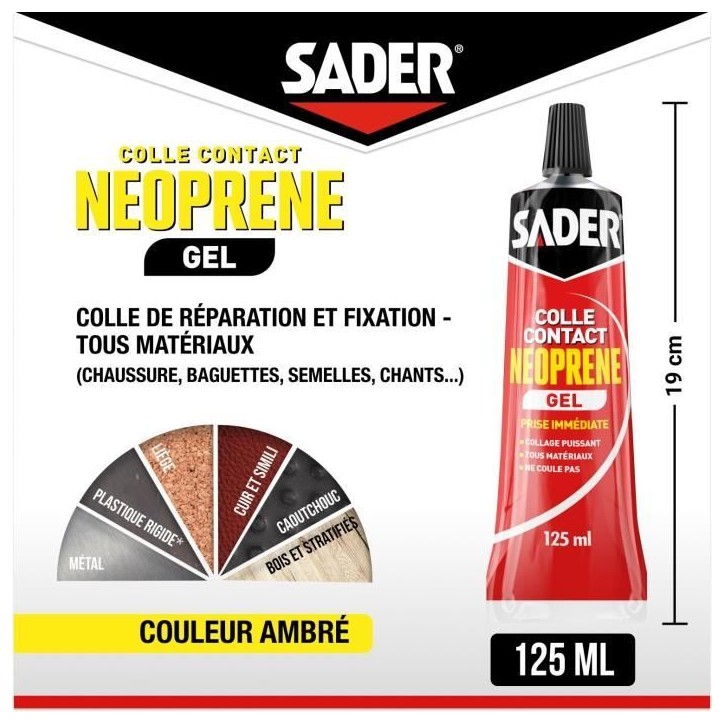 Colle contact néoprene gel extra forte - SADER - Tous matériaux - Prise immédiate - Tube 125 ml
