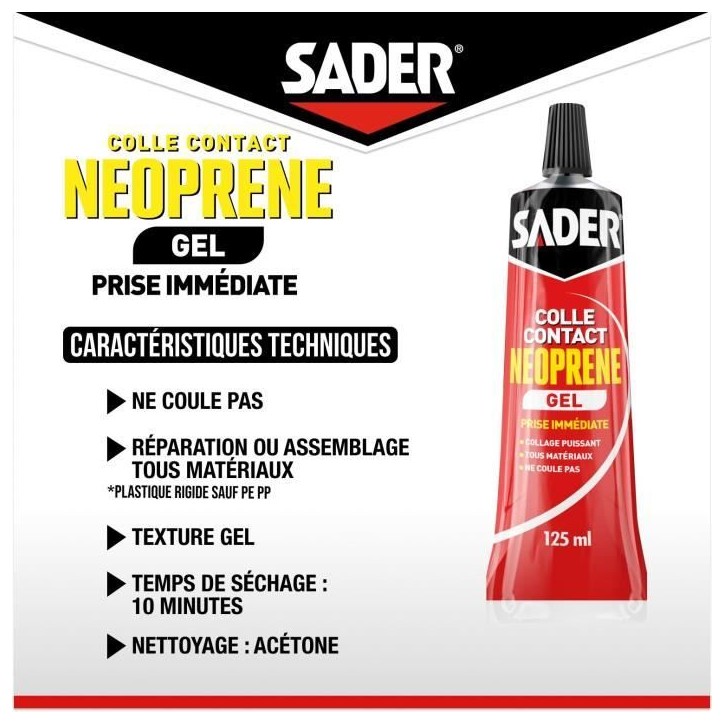 Colle contact néoprene gel extra forte - SADER - Tous matériaux - Prise immédiate - Tube 125 ml