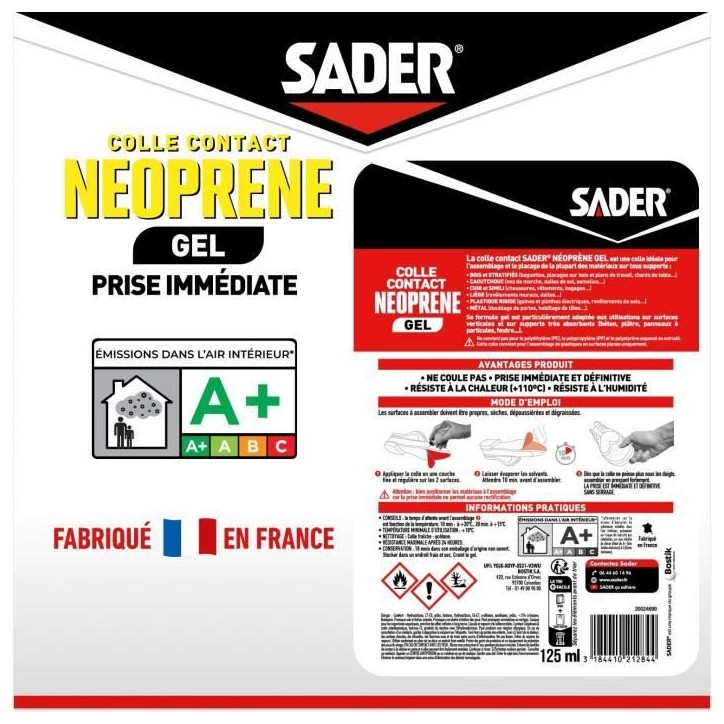 Colle contact néoprene gel extra forte - SADER - Tous matériaux - Prise immédiate - Tube 125 ml