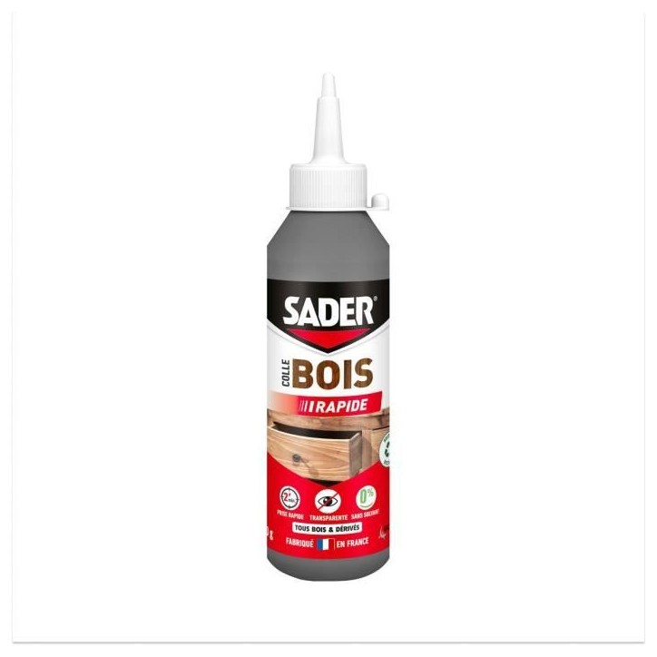 Colle bois - SADER - Prise rapide 2 min - Tous bois - Intérieur - Transparente apres séchage - Biberon 250 g Colle bois - SADER - Prise rapide 2 min - Tous bois - Intérieur - Transparente apres séchage - Biberon 250 g