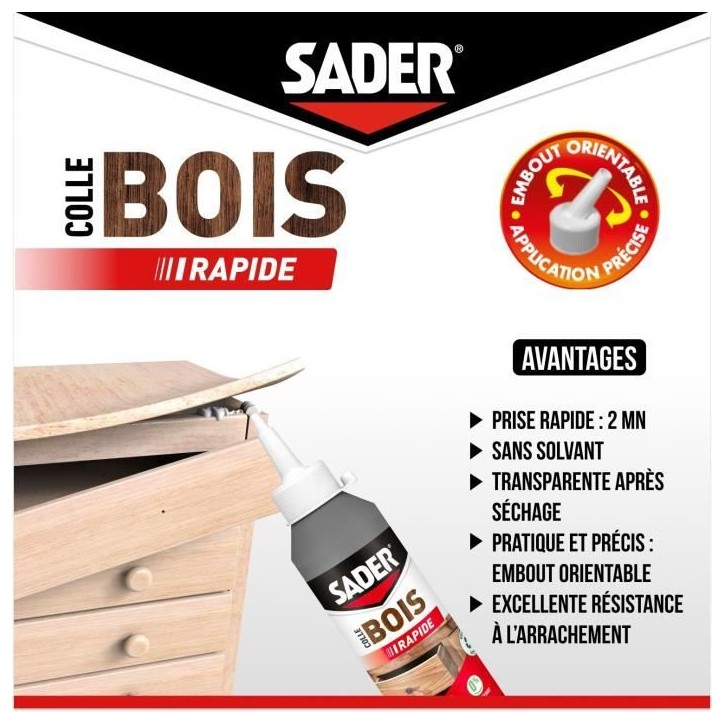 Colle bois - SADER - Prise rapide 2 min - Tous bois - Intérieur - Transparente apres séchage - Biberon 250 g Colle bois - SADER - Prise rapide 2 min - Tous bois - Intérieur - Transparente apres séchage - Biberon 250 g