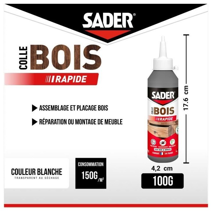 Colle bois - SADER - Prise rapide 2 min - Tous bois - Intérieur - Transparente apres séchage - Biberon 100 g Colle bois - SADER - Prise rapide 2 min - Tous bois - Intérieur - Transparente apres séchage - Biberon 100 g