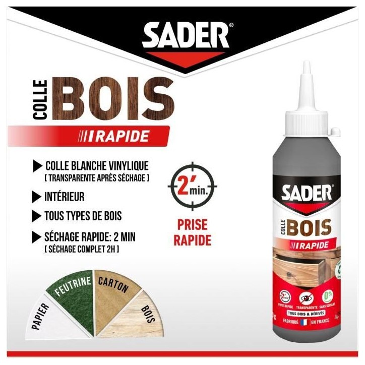 Colle bois - SADER - Prise rapide 2 min - Tous bois - Intérieur - Transparente apres séchage - Biberon 100 g Colle bois - SADER - Prise rapide 2 min - Tous bois - Intérieur - Transparente apres séchage - Biberon 100 g