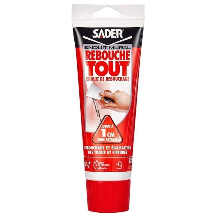 Enduit de rebouchage - SADER - Rebouche Tout - Pret a l'emploi - Trous et fissures - Joint plaque de plâtre - Tube 330 g Enduit de rebouchage - SADER - Rebouche Tout - Pret a l'emploi - Trous et fissures - Joint plaque de plâtre - Tube 330 g