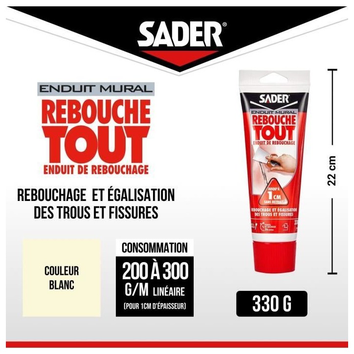 Enduit de rebouchage - SADER - Rebouche Tout - Pret a l'emploi - Trous et fissures - Joint plaque de plâtre - Tube 330 g Enduit de rebouchage - SADER - Rebouche Tout - Pret a l'emploi - Trous et fissures - Joint plaque de plâtre - Tube 330 g