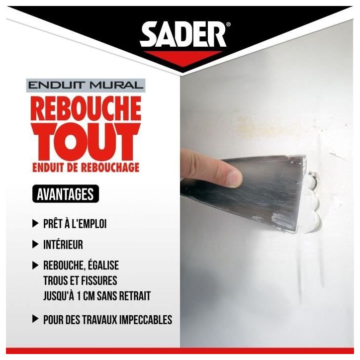 Enduit de rebouchage - SADER - Rebouche Tout - Pret a l'emploi - Trous et fissures - Joint plaque de plâtre - Tube 330 g Enduit de rebouchage - SADER - Rebouche Tout - Pret a l'emploi - Trous et fissures - Joint plaque de plâtre - Tube 330 g