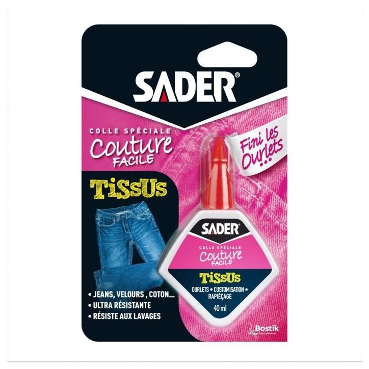 Colle textile - SADER - Tissus et textiles - Ourlets et customisation - Résiste aux lavages - Transparent - Flacon 40 ml Colle textile - SADER - Tissus et textiles - Ourlets et customisation - Résiste aux lavages - Transparent - Flacon 40 ml
