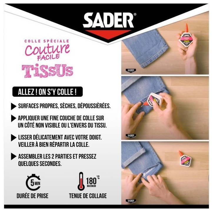 Colle textile - SADER - Tissus et textiles - Ourlets et customisation - Résiste aux lavages - Transparent - Flacon 40 ml Colle textile - SADER - Tissus et textiles - Ourlets et customisation - Résiste aux lavages - Transparent - Flacon 40 ml