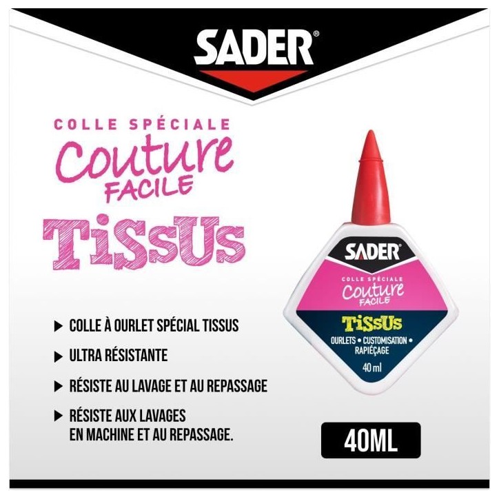 Colle textile - SADER - Tissus et textiles - Ourlets et customisation - Résiste aux lavages - Transparent - Flacon 40 ml Colle textile - SADER - Tissus et textiles - Ourlets et customisation - Résiste aux lavages - Transparent - Flacon 40 ml