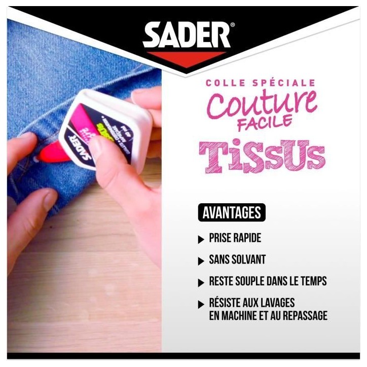 Colle textile - SADER - Tissus et textiles - Ourlets et customisation - Résiste aux lavages - Transparent - Flacon 40 ml Colle textile - SADER - Tissus et textiles - Ourlets et customisation - Résiste aux lavages - Transparent - Flacon 40 ml