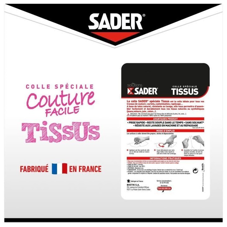 Colle textile - SADER - Tissus et textiles - Ourlets et customisation - Résiste aux lavages - Transparent - Flacon 40 ml Colle textile - SADER - Tissus et textiles - Ourlets et customisation - Résiste aux lavages - Transparent - Flacon 40 ml