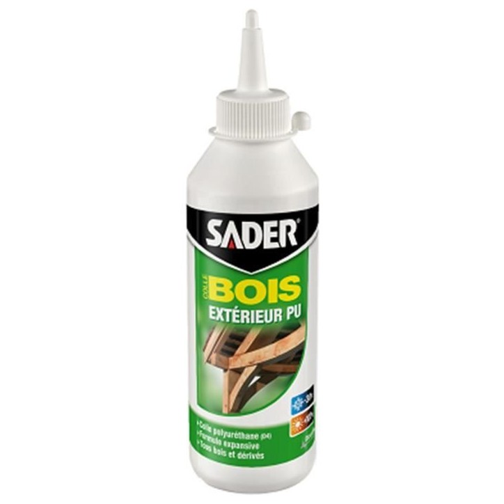 Colle bois extérieur - SADER - PU Polyuréthane - Ultra résistante - Humidité et chaleur - Biberon 250 g
