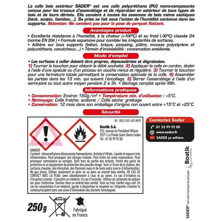 Colle bois extérieur - SADER - PU Polyuréthane - Ultra résistante - Humidité et chaleur - Biberon 250 g