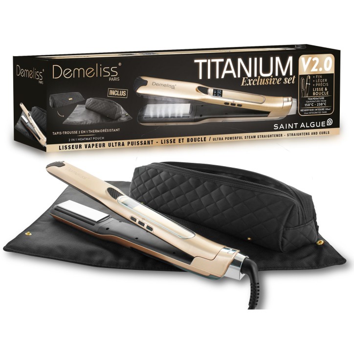 Coffret lisseur vapeur + tapis trousse 2-en-1 - SAINT ALGUE - Demeliss Exclusive Set Tita V2 - Titanium - Gold Coffret lisseur vapeur + tapis trousse 2-en-1 - SAINT ALGUE - Demeliss Exclusive Set Tita V2 - Titanium - Gold