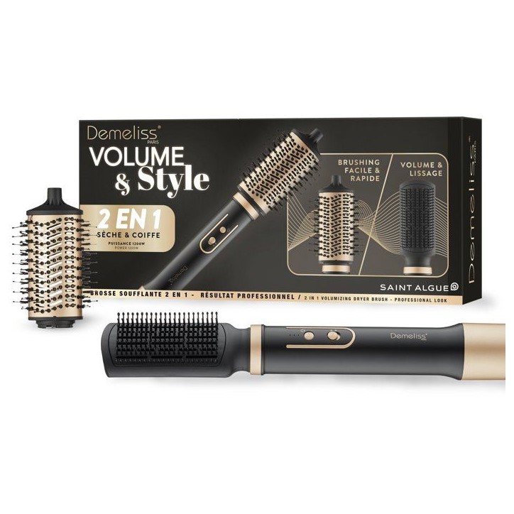 Brosse soufflante 2-en-1 - SAINT ALGUE - Demeliss Volume & Style - 1000 W - 3 températures - Noir / Or Brosse soufflante 2-en-1 - SAINT ALGUE - Demeliss Volume & Style - 1000 W - 3 températures - Noir / Or