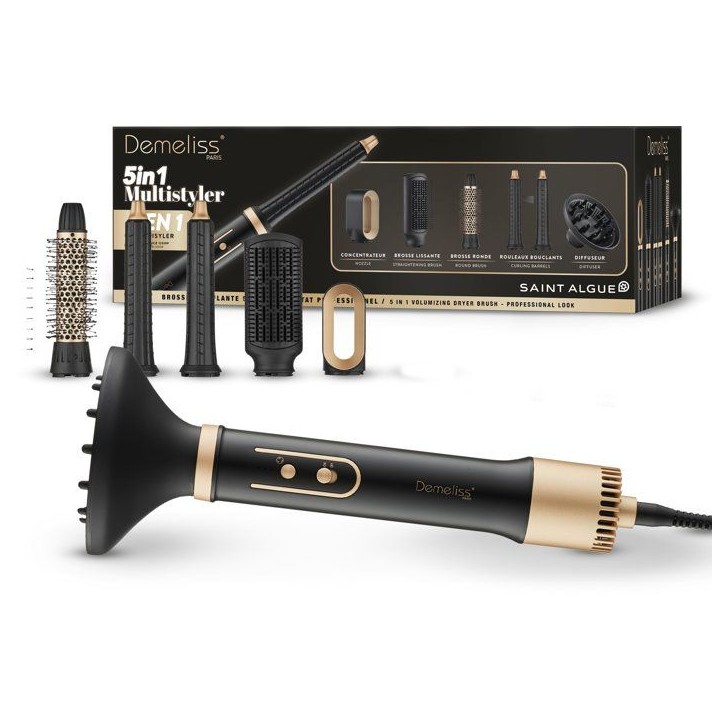 Brosse soufflante 5-en-1 - SAINT ALGUE - Demeliss - 1000 W - 3 températures - Noir / Or Brosse soufflante 5-en-1 - SAINT ALGUE - Demeliss - 1000 W - 3 températures - Noir / Or