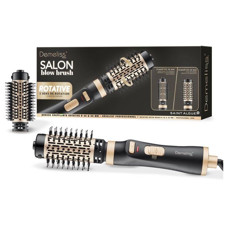 Brosse soufflante rotative - SAINT ALGUE - Demeliss Salon Blow Brush - 1000 W - 2 tetes - 3 températures - Noir / Or Brosse soufflante rotative - SAINT ALGUE - Demeliss Salon Blow Brush - 1000 W - 2 tetes - 3 températures - Noir / Or