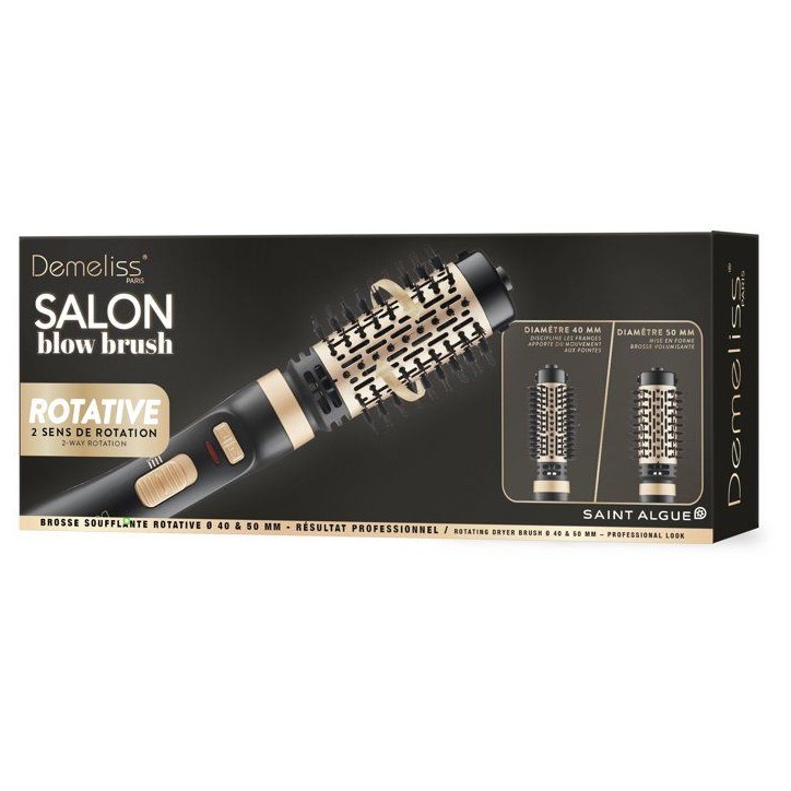 Brosse soufflante rotative - SAINT ALGUE - Demeliss Salon Blow Brush - 1000 W - 2 tetes - 3 températures - Noir / Or Brosse soufflante rotative - SAINT ALGUE - Demeliss Salon Blow Brush - 1000 W - 2 tetes - 3 températures - Noir / Or