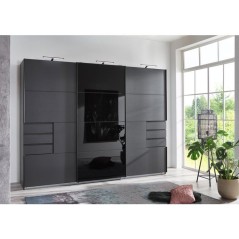 Armoire - Décor graphite et noir - 3 portes coulissantes + 6 tiroirs