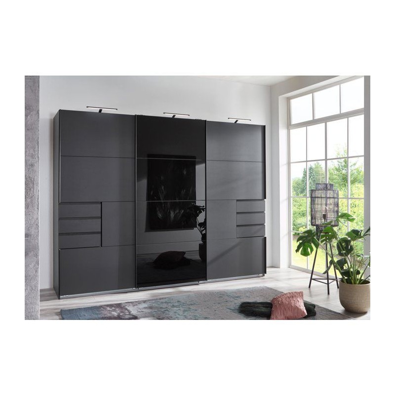 Armoire - Décor graphite et noir - 3 portes coulissantes + 6 tiroirs
