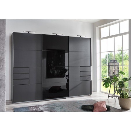 Armoire - Décor graphite et noir - 3 portes coulissantes + 6 tiroirs