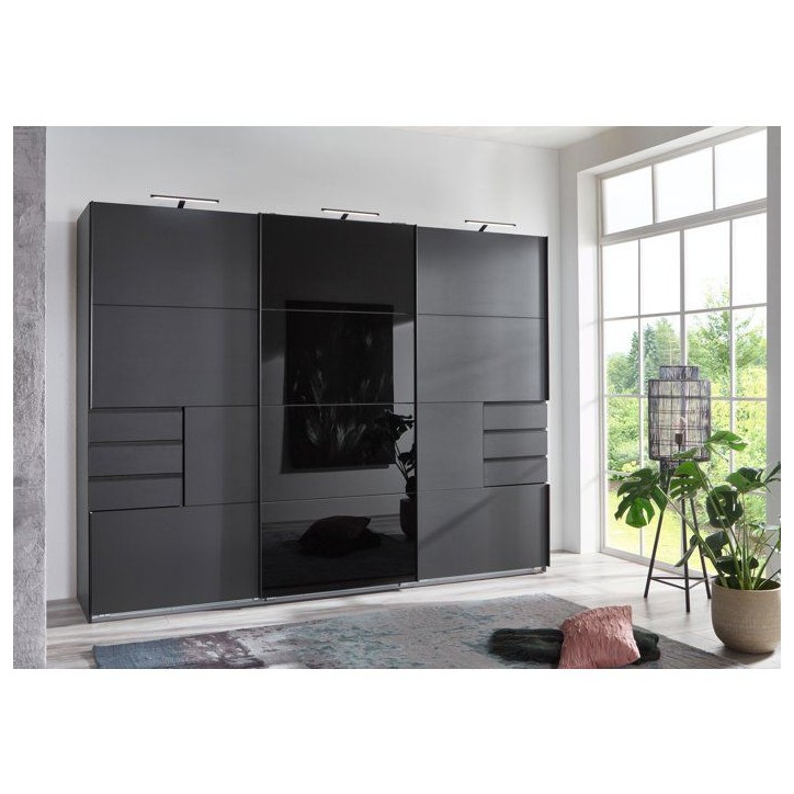Armoire - Décor graphite et noir - 3 portes coulissantes + 6 tiroirs - L 270 x P 64 x H 210 cm - SAIGON Armoire - Décor graphite et noir - 3 portes coulissantes + 6 tiroirs - L 270 x P 64 x H 210 cm - SAIGON