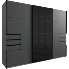 Armoire - Décor graphite et noir - 3 portes coulissantes + 6 tiroirs