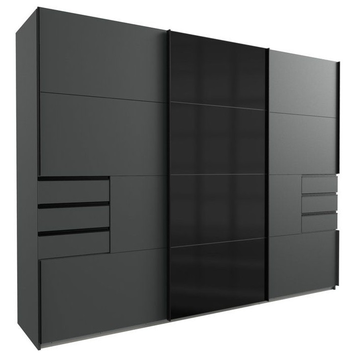 Armoire - Décor graphite et noir - 3 portes coulissantes + 6 tiroirs - L 270 x P 64 x H 210 cm - SAIGON Armoire - Décor graphite et noir - 3 portes coulissantes + 6 tiroirs - L 270 x P 64 x H 210 cm - SAIGON