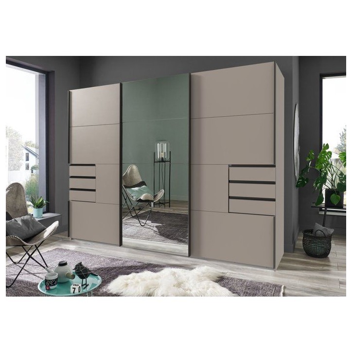 Armoire de chambre - SAIGON - Couleur Gris Sahara - 3 portes coulissantes dont 1 avec miroir - 6 tiroirs - L270 x P64 x H208 cm Armoire de chambre - SAIGON - Couleur Gris Sahara - 3 portes coulissantes dont 1 avec miroir - 6 tiroirs - L270 x P64 x H208 cm