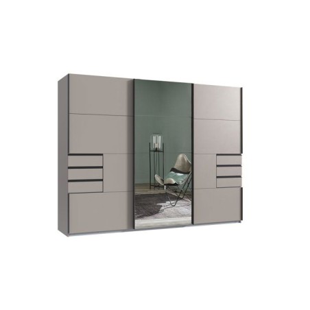 Armoire de chambre - SAIGON - Couleur Gris Sahara - 3 portes coulissantes dont 1 avec miroir - 6 tiroirs - L270 x P64 x H208 cm
