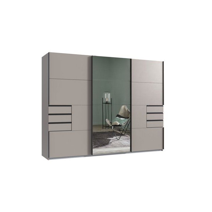 Armoire de chambre - SAIGON - Couleur Gris Sahara - 3 portes coulissantes dont 1 avec miroir - 6 tiroirs - L270 x P64 x H208 cm Armoire de chambre - SAIGON - Couleur Gris Sahara - 3 portes coulissantes dont 1 avec miroir - 6 tiroirs - L270 x P64 x H208 cm