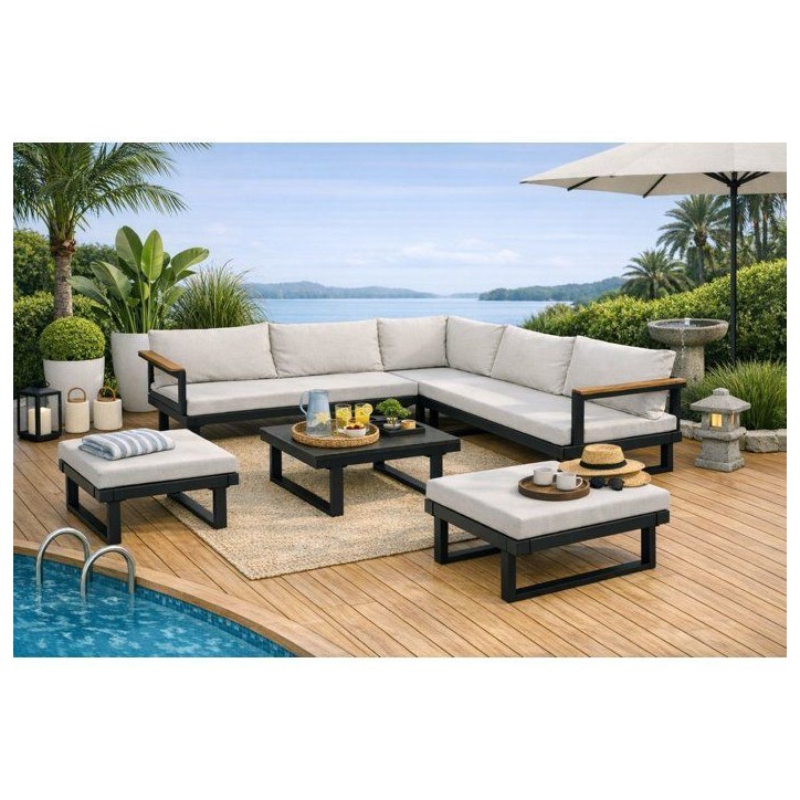 Salon de jardin d'angle 7 places - Aluminium - ALMARA - Canapé d'angle + 2 tabourets + table - Ecru
