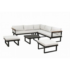 Salon de jardin d'angle 7 places - Aluminium - ALMARA - Canapé d'angle + 2 tabourets + table - Ecru
