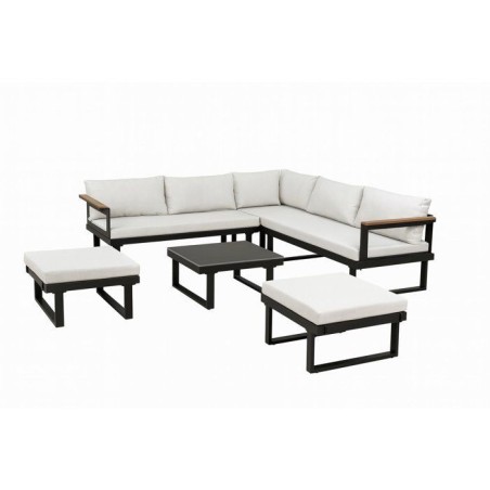 Salon de jardin d'angle 7 places - Aluminium - ALMARA - Canapé d'angle + 2 tabourets + table - Ecru