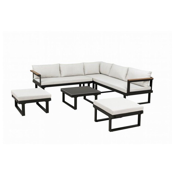 Salon de jardin d'angle 7 places - Aluminium - ALMARA - Canapé d'angle + 2 tabourets + table - Ecru