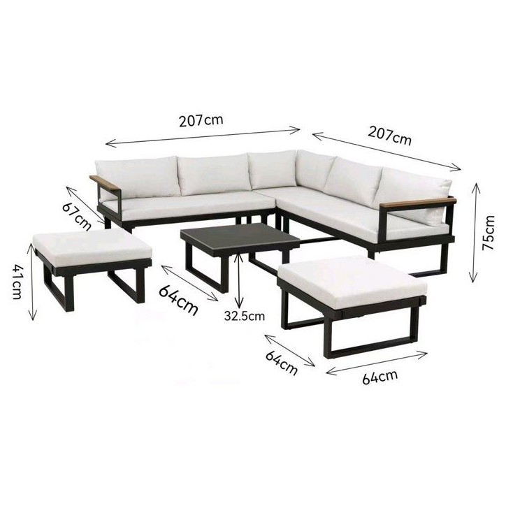 Salon de jardin d'angle 7 places - Aluminium - ALMARA - Canapé d'angle + 2 tabourets + table - Ecru