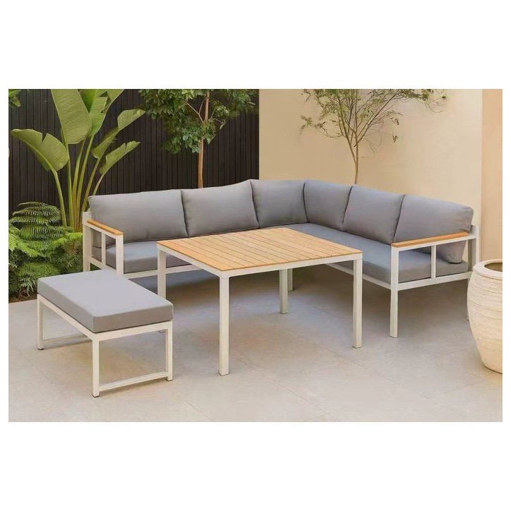 Salon de jardin d'angle 6 personnes - Aluminium - BAIA - canapé d'angle + 1 banc + table haute - Gris Salon de jardin d'angle 6 personnes - Aluminium - BAIA - canapé d'angle + 1 banc + table haute - Gris